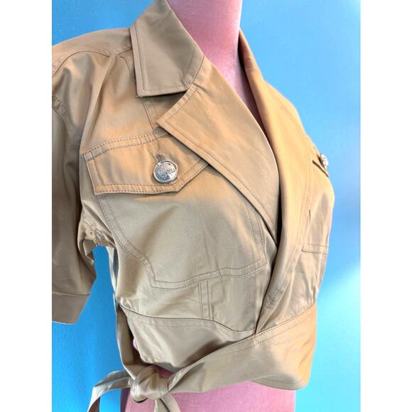 EUC! DEREK LAM Collective Cropped S/S Wrap Jacket Khaki Cotton Utility 42 S - Picture 6 of 12